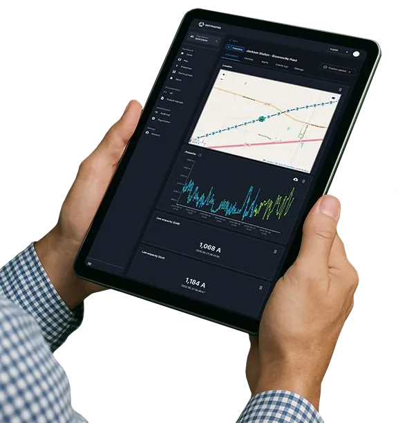 Hands holding a tablet with the Sentrisense dashboard