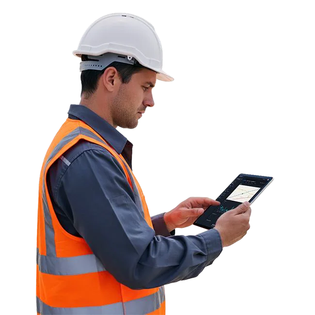 Field engineer checking line data on a tablet