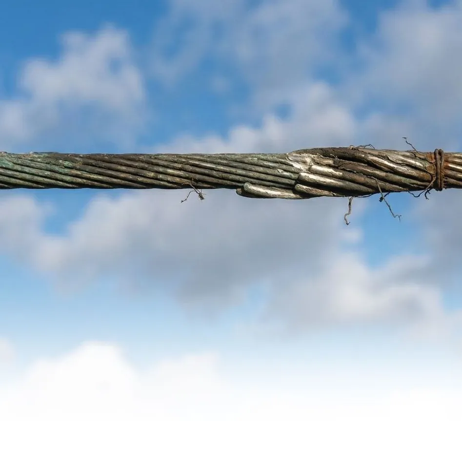 Conductor with broken strands against a cloudy sky